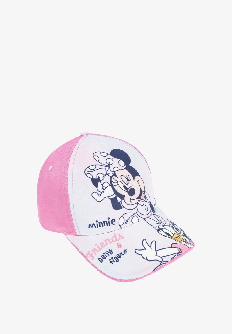 Cappellino rosa con una parte anteriore bianca che presenta disegni dei cartoni animati di Minnie Mouse, Paperina e Figaro. La scritta dice "Amici & Figaro."
