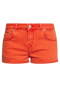 Pomarańczowe szorty dżinsowe o dopasowanym kroju, z pięcioma kieszeniami i podwiniętym dołem. Z przodu zapięcie na metalowy guzik i zamek błyskawiczny.