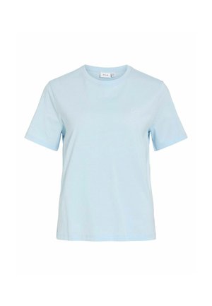 Vaaleansininen, lyhythihainen, pyöreäkauluksinen t-paita, jossa on hillitty logo vasemmassa rinnassa, yksivärinen malli, esitetty valkoisella taustalla.