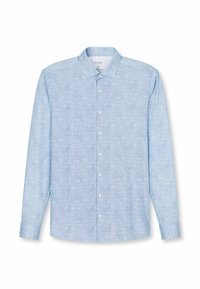 Himmelblaues Hemd mit langen Ärmeln, spitzem Kragen und einem strukturierten Stoff mit einem subtilen Muster. Sechs vordere Knöpfe.