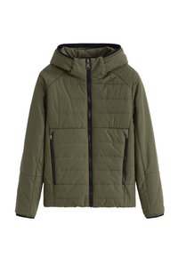 Veste matelassée olive avec capuche, fermeture éclair intégrale à l'avant et deux poches latérales zippées, conçue pour les temps froids.