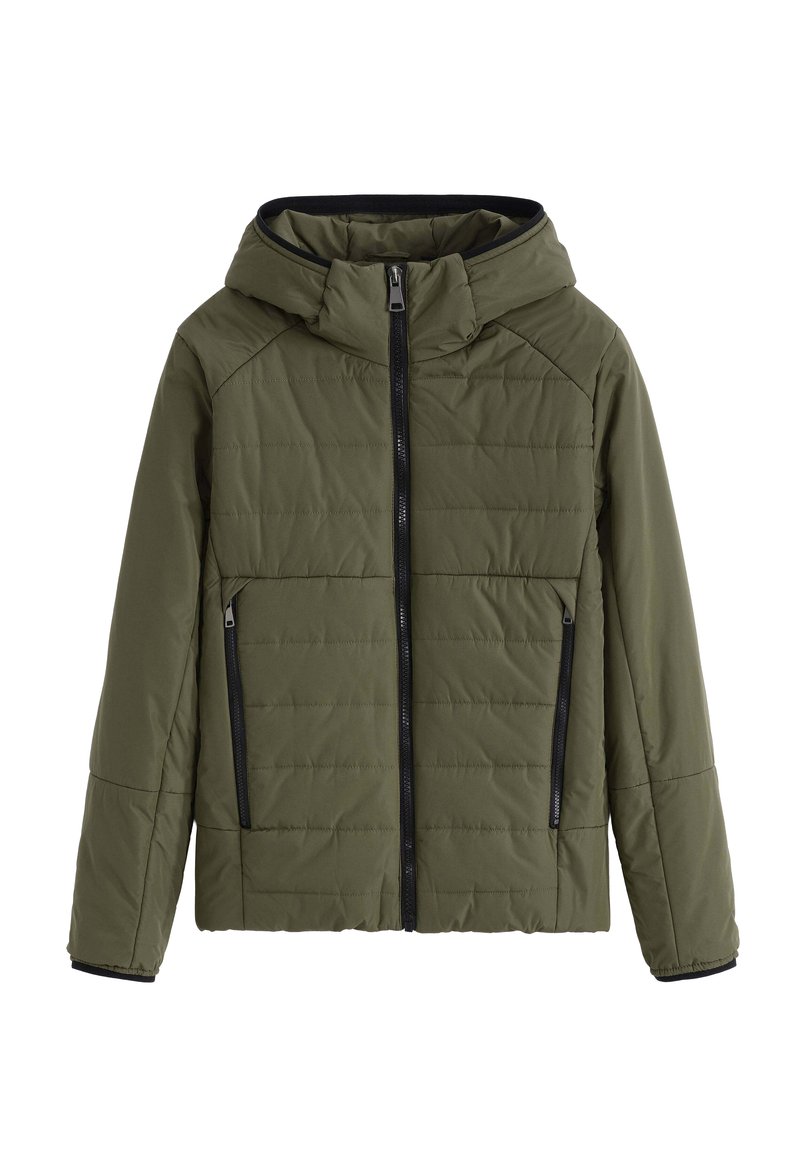 Veste matelassée olive avec capuche, fermeture éclair intégrale à l'avant et deux poches latérales zippées, conçue pour les temps froids.