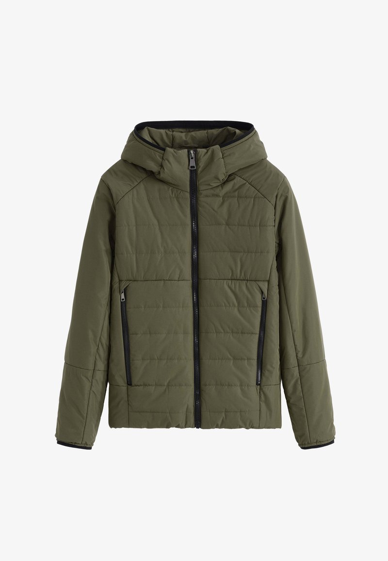 Veste matelassée olive avec capuche, fermeture éclair intégrale à l'avant et deux poches latérales zippées, conçue pour les temps froids.