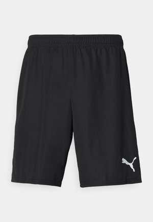 Pantalones cortos deportivos negros hechos de una tela suave y liviana con una cinturilla elástica. Presenta un pequeño logo plateado de Puma en la parte inferior izquierda.