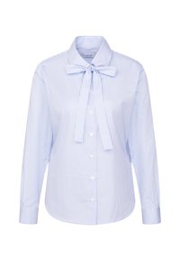 Blusa a righe blu e bianche con maniche lunghe, apertura con bottoni e una cravatta al collo. Realizzata in tessuto morbido con un design di colletto classico.