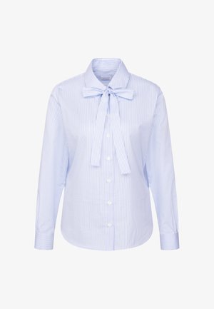 Blauw-wit gestreepte blouse met lange mouwen, knoopsluiting en een halsband. Gemaakt van gladde stof met een klassiek kraagontwerp.