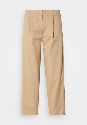 Beige cotton pants with a relaxed fit, featuring two front pleats, a straight leg, and a classic button closure at the waistband.