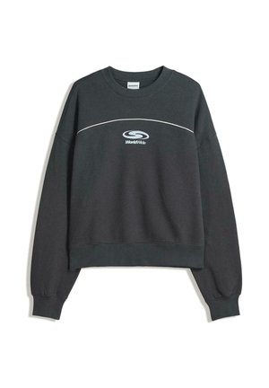 Felpa grigia corta con maniche lunghe, linea d'accento curva bianca e logo "WorldWide" in bianco. Materiale in cotone, vestibilità rilassata.