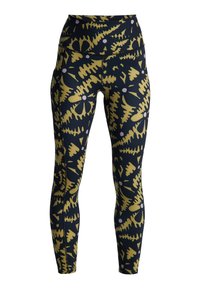 High-waisted leggings featuring a navy background with yellow organic patterns and purple dots, made from stretchy, textured fabric.