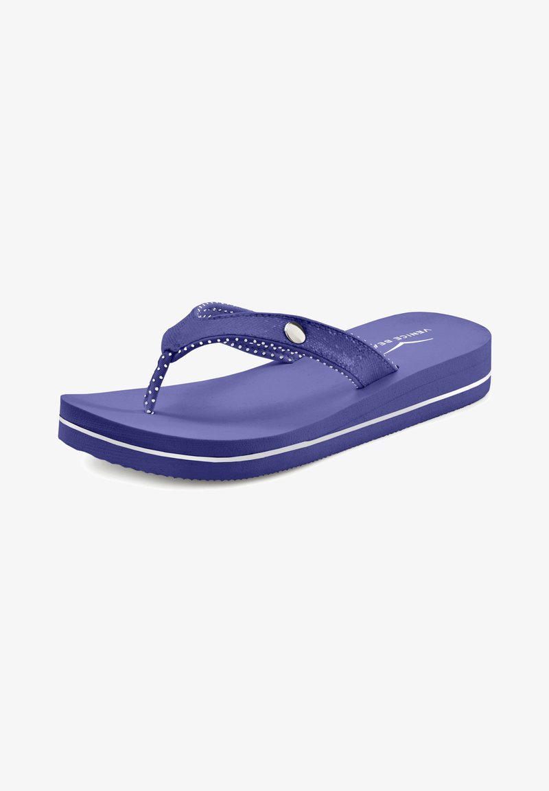 Violeta flip-flops ar teksturētām siksnām, ar dekoratīvu metāla akcentu un balto svītraino zoli. Viegls un ergonomisks dizains.