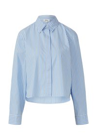 Lichtblauw en wit gestreefd shirt met een kraag, knoopsluiting en lange mouwen. De stof lijkt glad en licht van gewicht.
