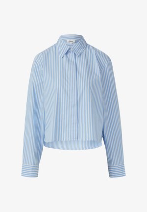 Lichtblauw en wit gestreefd shirt met een kraag, knoopsluiting en lange mouwen. De stof lijkt glad en licht van gewicht.