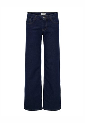 Vida jeans gjorda av mörkblå denim, med fem fickor, knappstängning och kontrasterande orange sömnad längs sömmarna.