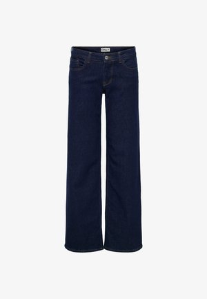 Laiade lõikega teksad tumedast sinisest denimist, millel on viis taskut, nööpkinnitus ja kontrastne oranž õmblus õmbluste ääres.