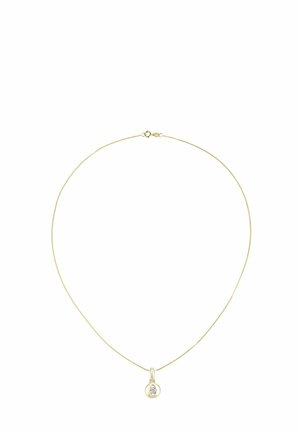 Zlatna ogrlica s tankim lancem i okruglim privjeskom s malim ovalnim kristalom. Dizajn je minimalistički i elegantan.
