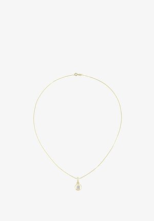 Złoty naszyjnik z cienkim łańcuszkiem i okrągłą zawieszką z małym owalnym kryształem. Projekt jest minimalistyczny i elegancki.