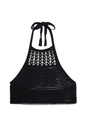 Haut halter en crochet noir avec un design à mailles ouvertes, un col réglable à nouer avec des franges, et des détails de parement solide.