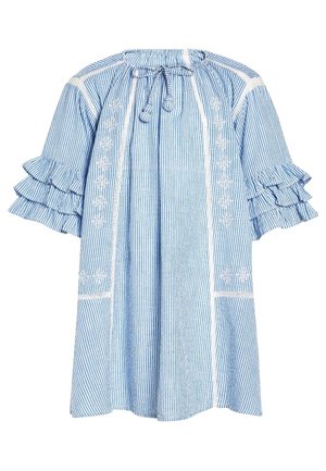 Lichtblauw gestreepte jurk met een trekkoordhals, korte gerimpelde mouwen en geborduurde bloemmotieven langs de voorkant en zijkanten.