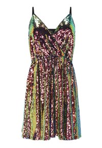 Mouwloze wikkeljurk met dunne zwarte bandjes, bedekt met meerkleurige glinsterende pailletten die een levendig, reflecterend patroon creëren.