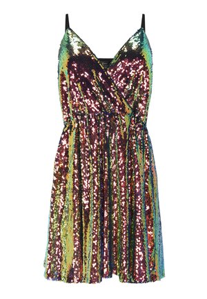 Ujjatlan, vékony fekete pántos ruha, amelyet színes csillogó flitterek borítanak, élénk, visszaverő mintázatot létrehozva.