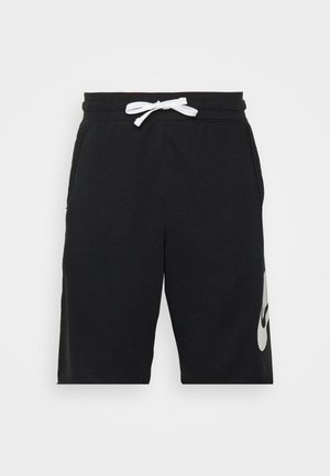 Mustad mustris puuvillased lühikesed püksid elastse vöökoha, valge paela, küljetaskute ja suure halli logoga vasakul jalal.