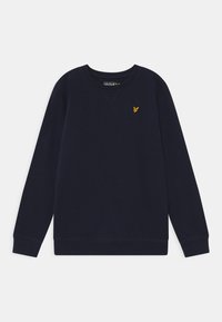 Granatowa bluza wykonana z miękkiego materiału, z klasycznym okrągłym dekoltem, długimi rękawami i małym złotym logo na piersi.