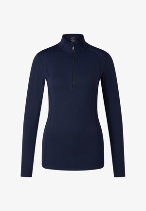 Marineblaues langärmeliges Sportoberteil mit einem Viertel-Reißverschluss an der Vorderseite und dezentem Markenlogo auf der linken Schulter und am Reißverschlusszügel.