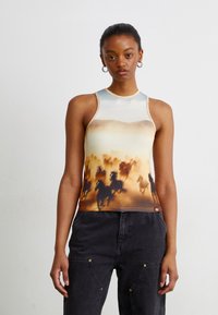 Sleeveless, fitted top featuring a gradient design with horses and a soft blue to warm brown palette. Smooth fabric with a high neck.