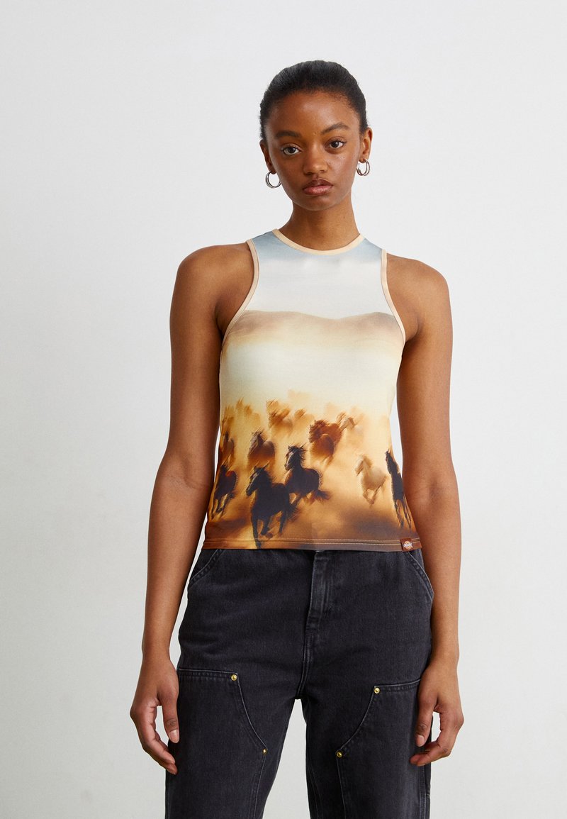 Sleeveless, fitted top featuring a gradient design with horses and a soft blue to warm brown palette. Smooth fabric with a high neck.
