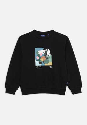 Felpa nera con collo a giro, caratterizzata da una stampa grafica colorata di forme astratte e piante. Le maniche e l'orlo sono in tessuto a costine.