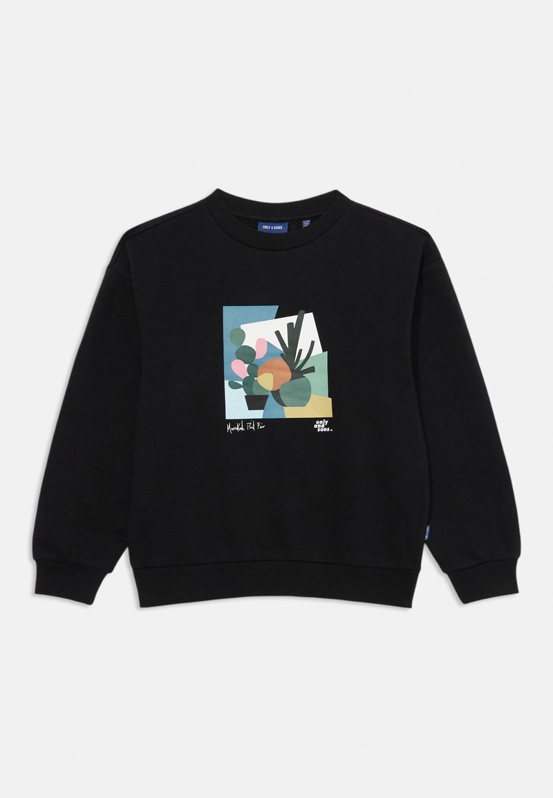 Sudadera negra con cuello redondo, que presenta una colorida impresión gráfica de formas abstractas y plantas. Los puños y el dobladillo tienen textura de canalé.