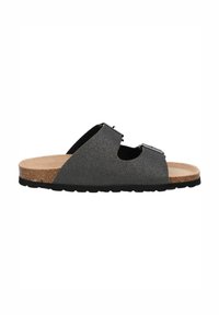 Graue Glitzer-Sandale mit doppelten Riemen und metallischen Schnallen, einem Korkfußbett und schwarzer Gummisohle.