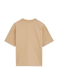 T-shirt beige à manches courtes avec col rond, présenté à plat de dos, design uni, tissu en coton.