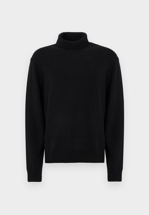 Pulover negru cu guler înalt din material tricotat. Are mâneci lungi și manșete și tiv striate. Design simplu, fără cusături, fără modele.