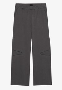 Gray wide-leg pants with an elastic waistband, featuring two angled cutouts on the sides and side pockets. Smooth texture, minimal design.