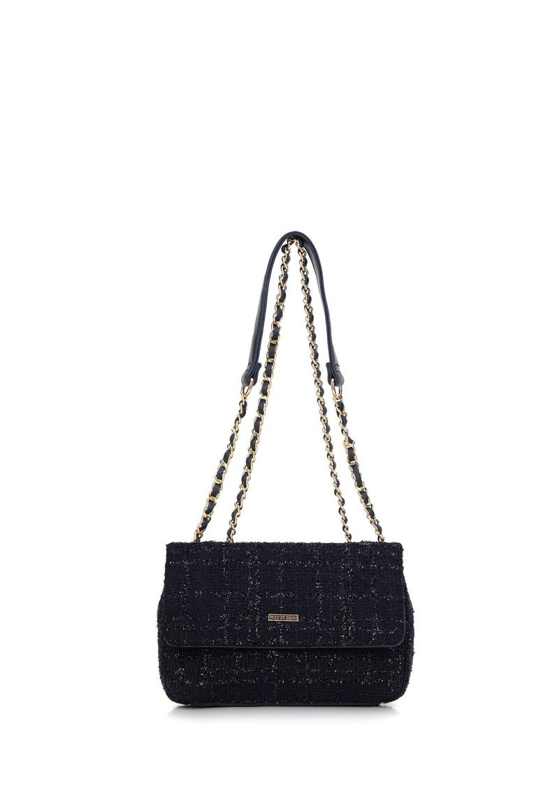 Marineblaues Tweed-Handtasche mit Klappenverschluss, ausgestattet mit einer Kettenriemen und goldenen Hardware-Details. Glatte Textur mit einem karierter Muster.