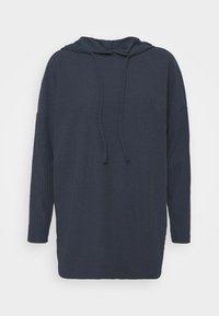 Hoodie blu navy a maniche lunghe realizzato in tessuto testurizzato. Presenta un cappuccio con coulisse e una vestibilità comoda con un design di lunghezza media.