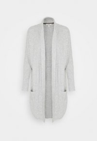 Jasnoszary dzianinowy kardigan z otwartym przodem, rękawami do łokcia i dwoma przednimi kieszeniami. Całość zdobi teksturowany wzór.