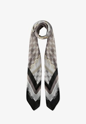 Foulard di seta con un motivo geometrico in tonalità di grigio, con accenti di catena dorata e bordi neri. Texture leggera e liscia.