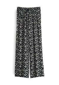 Zwart-witte gestreepte wijde broek met een elastische tailleband en een koord. Gemaakt van lichtgewicht stof, met abstracte vormen.
