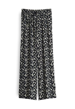 Zwart-witte gestreepte wijde broek met een elastische tailleband en een koord. Gemaakt van lichtgewicht stof, met abstracte vormen.