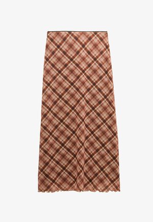 Falda larga de cuadros con patrón de cuadros diagonales en marrón, beige y rojo y dobladillo sutilmente festoneado sobre fondo blanco.