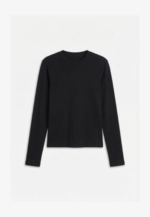 T-shirt noir à manches longues avec col rond, coupe ajustée et design uni, présenté sur un fond blanc.