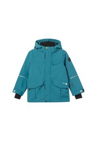 Teal vinterjakke lavet af vandafvisende materiale, med hætte, flere frontlommer, sorte accenter og reflekterende detaljer.