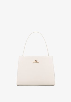 Witte leren handtas met een gestructureerde vorm, reliëflogop op de voorkant en een enkele gebogen handgreep. Gladde textuur en minimalistisch ontwerp.