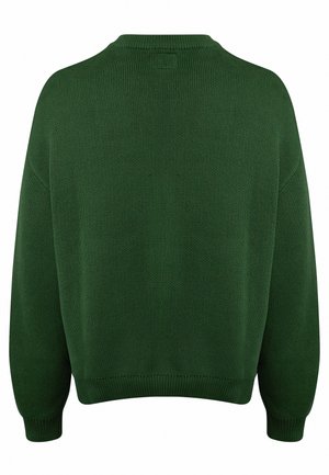 Ciemnozielony dzianinowy sweter z długimi rękawami, ściągaczami przy mankietach, u dołu i przy kołnierzu, pokazany od tyłu na białym tle.