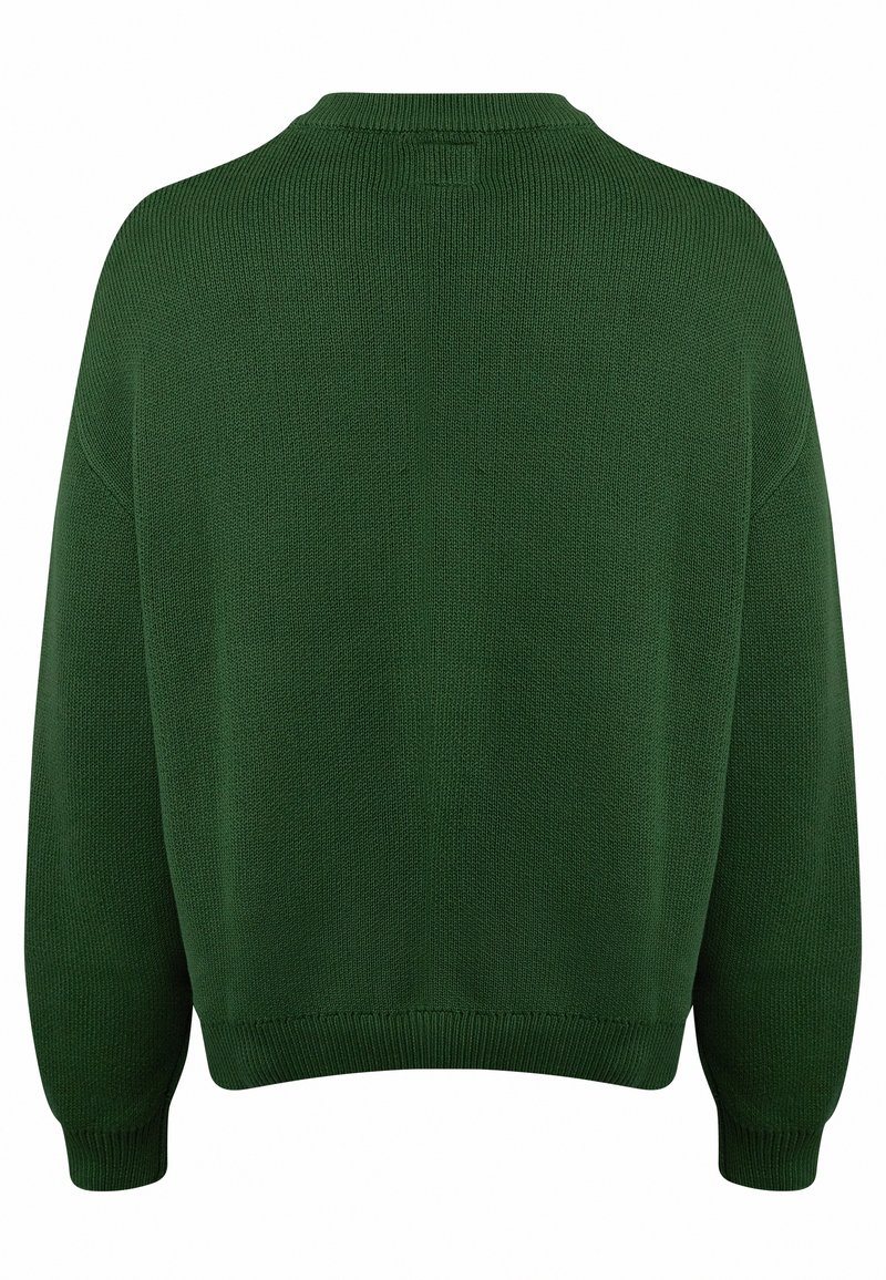 Pull tricoté vert foncé à manches longues, poignets, ourlet et col côtelés, montré de dos sur fond blanc.