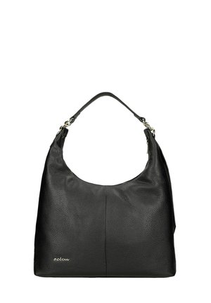 Zwarte leren schoudertas met een enkele handgreep en een subtiel zilveren logo nabij de linkerbenedenhoek.