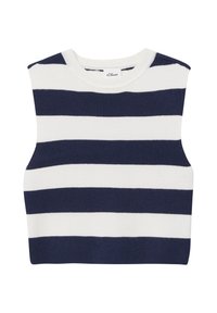 Ärmelloses Crop-Top mit gerippter Textur in Marineblau mit weißen Streifen. Verfügt über einen runden Halsausschnitt und saubere Kanten.