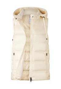 Krémově zbarvená prošívaná vesta bez rukávů s kapucí, s lesklým povrchem, horizontálním prošíváním a kapsami na zip po stranách.